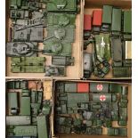 Over 50 Dinky Toys playworn army related vehicles including Tank Transporter, 155mm mobile gun,