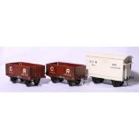 Two Bassett-Lowke Caledonian Railway 10 ton open wagons and an NER refrigerator van