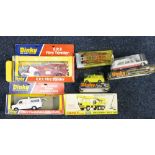 Six Dinky Toys die-cast model vehicles: 980 Cole's Hydro truck, 266 ERF fire tender,