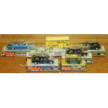 Seven Dinky Toys die-cast model vehicles: 295 Atlantean Bus, 342 Austin Mini Moke,