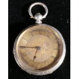 19th century Swiss open face pocket watch, stamped "fine silver", with key winding mechanism,
