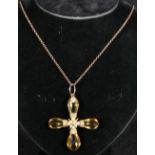 Edwardian citrine cross pendant on a 9 carat gold belcher chain with barrel clasp, marked '9ct',