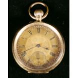 Eighteen carat gold gents keyless open face pocket watch, the engraved dial with seconds dial 7.