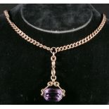 Nine carat gold double chain curb link watch chain, with bar and swivel amethyst fob seal, 51g,