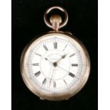 Nine carat gold keyless winding open faced chronograph pocket watch, with centre sweep seconds hand,