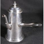 Victorian silver chocolate pot of tapered form with acanthus cast spout and slender wooden handle,