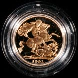 Royal Mint United Kingdom Elizabeth II gold sovereign 1991 proof S4271, 4713 issued,