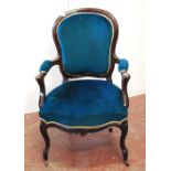 Victorian rosewood blue upholstered armchair, 98cm high.