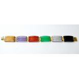 Chinese jade and gem bracelet of six coloured panels, each with three bars, '14k'.