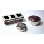 Silver stamp box, for three, Birmingham 1902, a circular box with inset '1746' coin, and another,