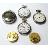 Tavannes pocket watch in gunmetal Bourgel case, three others and two 19th century movements,