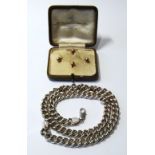 Silver heart curb necklet and four gold studs, 9ct, cased.