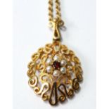 9ct gold openwork pendant with pearl and garnet and a necklet. Condition Report 6.