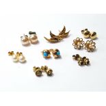 Eight pairs of ear studs, mostly 9ct gold.