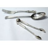 Silver King's pattern table fork, Edinburgh 1827, a silver tablespoon, initialled, by R.