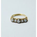 Edwardian five-stone half hoop ring with three pearls and two diamond brilliants in 18ct gold,