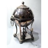 Old Sheffield tea urn of part fluted globular shape on reeded supports, c. 1815.