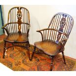 Pair of modern oak Windsor chairs, 105cm high.