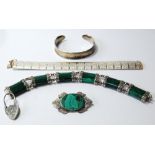 Malachite and silver bracelet, a similar brooch, a Danish silver bangle and a bracelet.