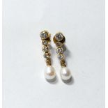 Pair of earrings, each with a cultured pearl dependant from four white sapphire collets, 9ct gold.