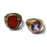 Amethyst signet style ring and another, carnelian, both 9ct gold.