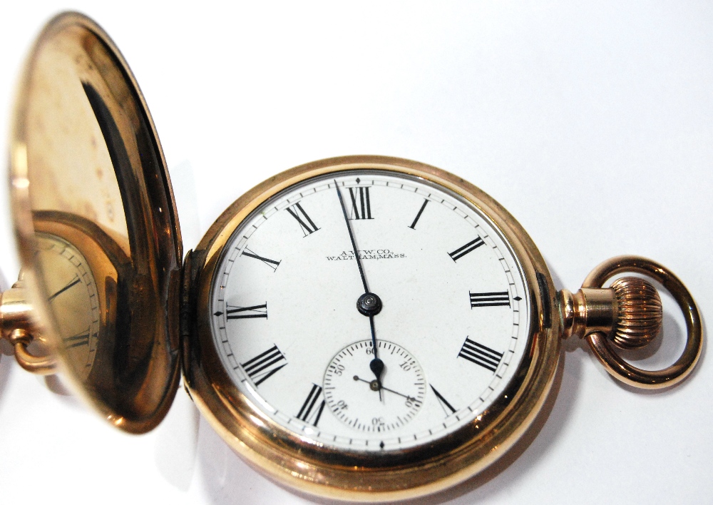 Two Waltham rolled gold pocket watches, two others and a similar guard with locket seal. - Image 3 of 5