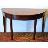 George III mahogany and line inlaid D-shaped table, 121cm wide and 72cm high.