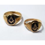 Two Masonic rings, enamelled, 9ct gold.