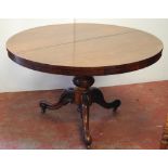 Early Victorian circular rosewood breakfast table on baluster tripod base,