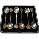 Cased set of six enamel silver rose finial coffee spoons, maker Alexander Clark, 9.5cm long.