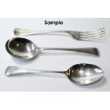 Part service of Old English pattern comprising six each of table forks, dessert spoons,