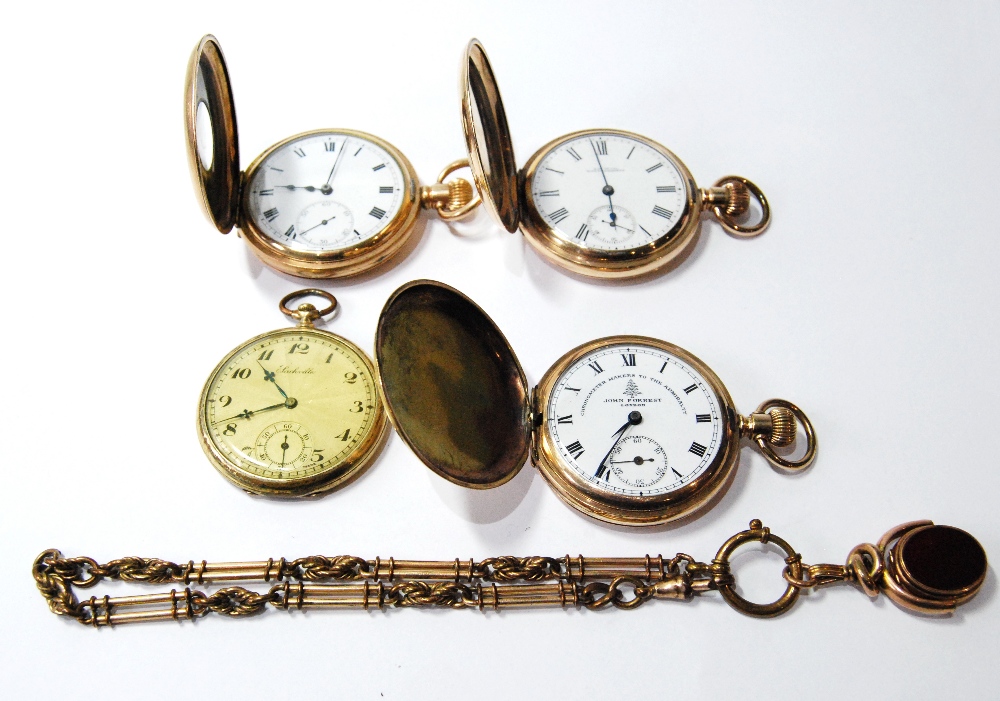 Two Waltham rolled gold pocket watches, two others and a similar guard with locket seal.