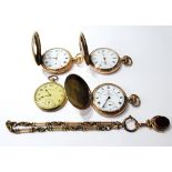 Two Waltham rolled gold pocket watches, two others and a similar guard with locket seal.