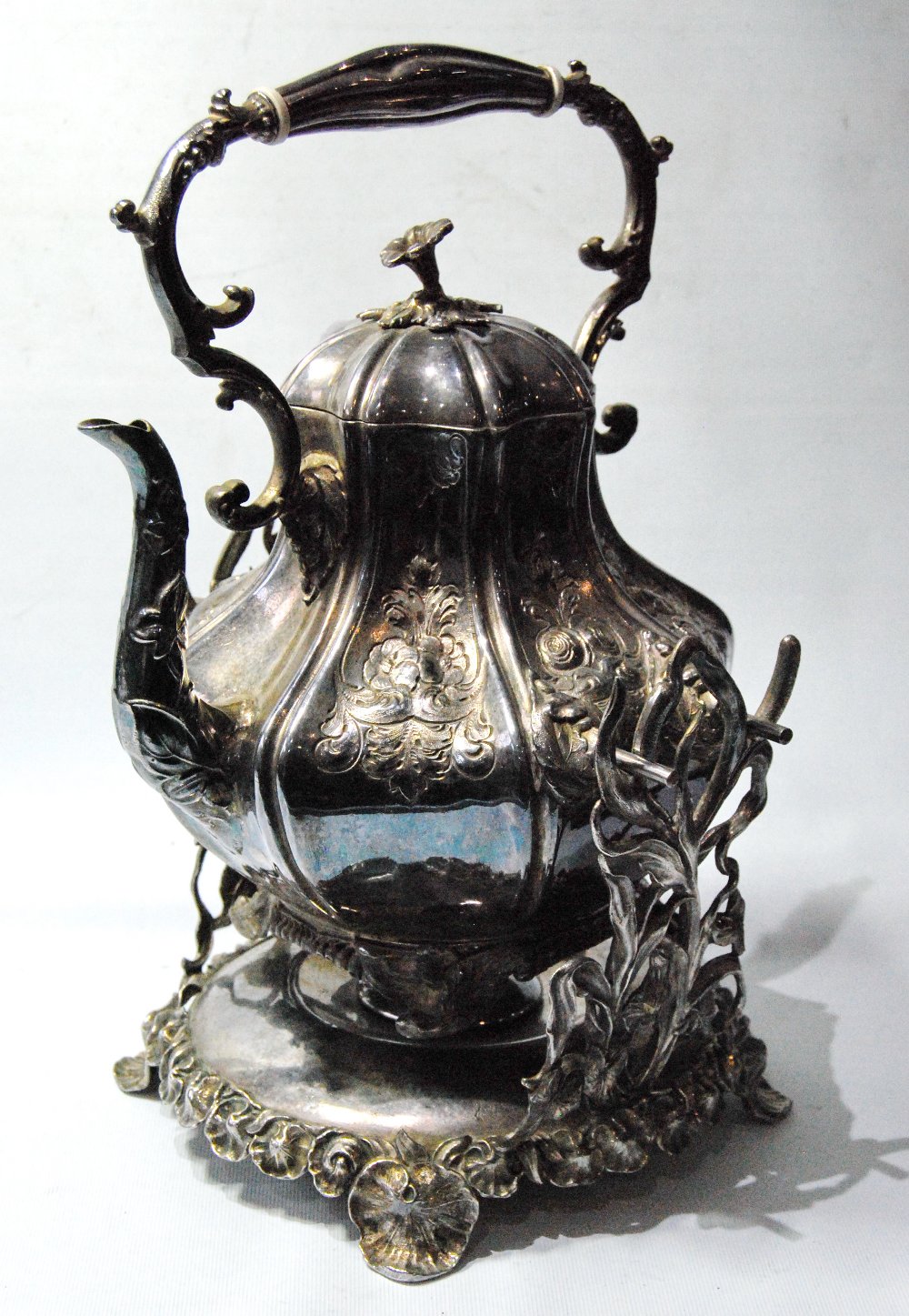 Victorian EP tea kettle, embossed, on stand.