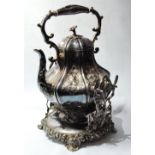 Victorian EP tea kettle, embossed, on stand.