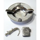 Silver vesta case, Chester 1903, an ashtray, '925', and a dagger brooch.