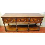 Titchmarsh & Goodwin style mid 20th century oak open dresser base with pollard oak panels,