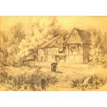 BRITISH SCHOOL (C. 1830) Lady beside a house Pencil, 15.5cm x 22cm.