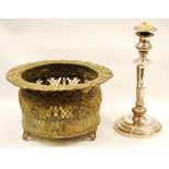 Victorian EP jardiniere stand, 17.5cm high, and a single candlestick.