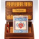 Victorian rosewood Bezique box, 13cm, and a pack of playing cards.