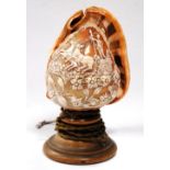 Cameo carved shell, converted to electric, 20.5cm high.