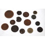 Six Roman bronze coins and other coins.