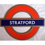London Underground enamel STATION ROUNDEL SIGN for Stratford, well known as the 2012 Olympics