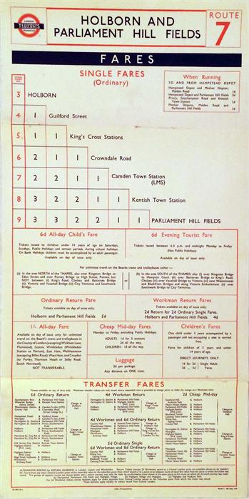 London Transport Tramways paper FARECHART for route 7 Holborn & Parliament Hill Fields dated 6 - Image 2 of 4