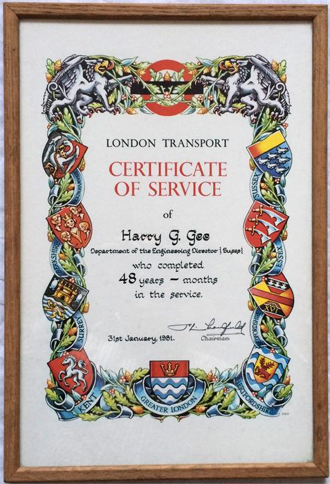 London Transport CERTIFICATE OF SERVICE, framed and glazed, awarded to Harry Gee in 1981 in