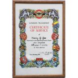 London Transport CERTIFICATE OF SERVICE, framed and glazed, awarded to Harry Gee in 1981 in