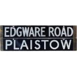 London Underground O/P/Q-Stock enamel DESTINATION PLATE for Edgware Road & Plaistow on the