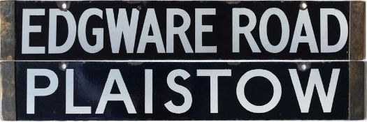 London Underground O/P/Q-Stock enamel DESTINATION PLATE for Edgware Road & Plaistow on the