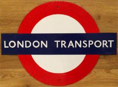 London Transport enamel BULLSEYE SIGN 'London Transport'. Single-sided, measures 19" (48cm) across
