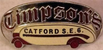 "Timpson's'' coach driver's CAP BADGE featuring a single-deck coach design with enamel inlays on